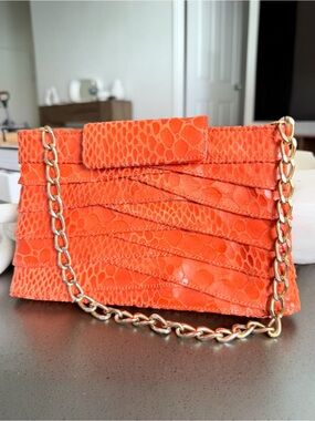 Inge Christopher Orange Reptile Embossed Leather Chain Shoulder Bag